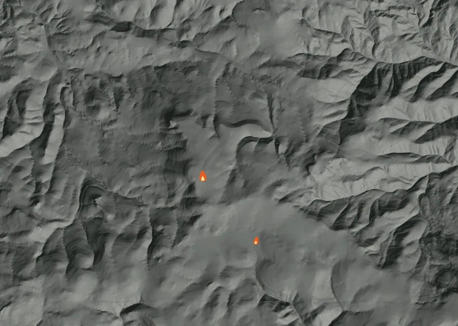 Map for Wed 26 Aug: flames mark every place that gave off heat that day.