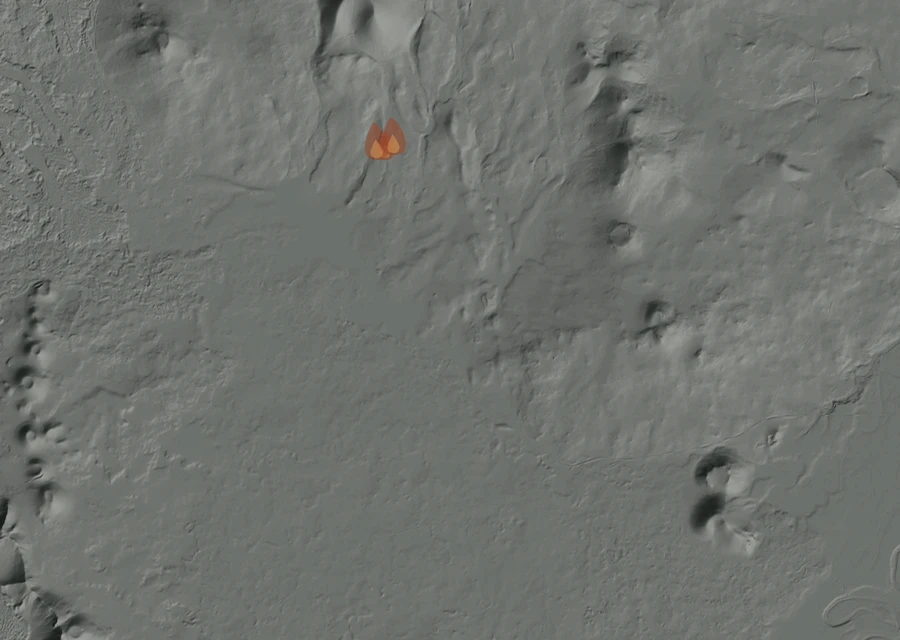 Shaded relief map of the 0794 Fire. Amber flames mark every place that gave off heat in the last day; the shading is the shape of the ground.