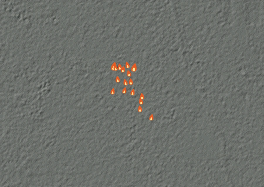 Shaded relief map of the Airport Fire. Amber flames mark every place that gave off heat in the last day; the shading is the shape of the ground.