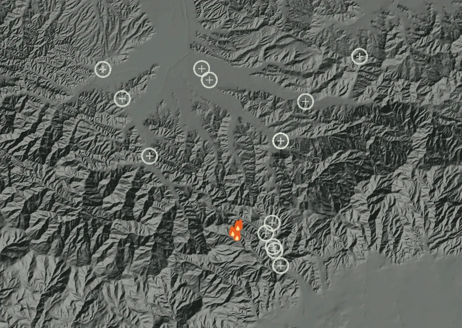 Map for Mon 28 Sep: flames mark every place that gave off heat that day.