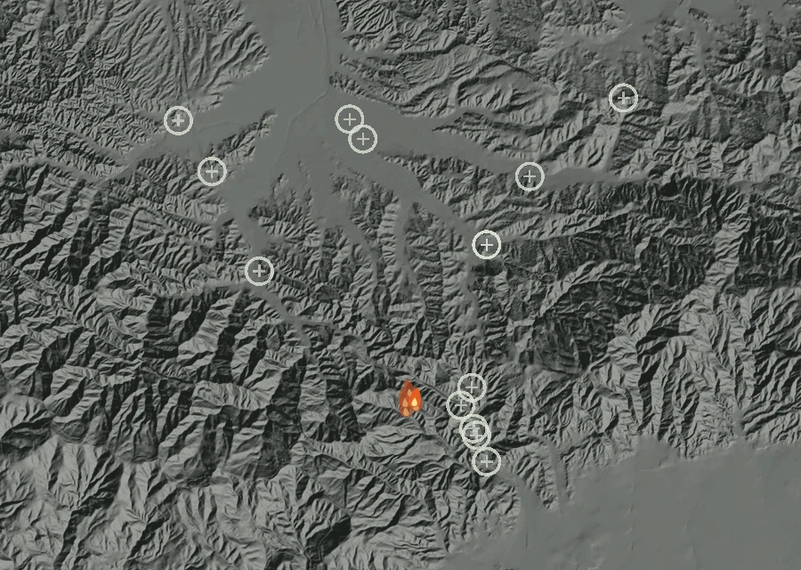 Map for Tue 6 Oct: flames mark every place that gave off heat that day.