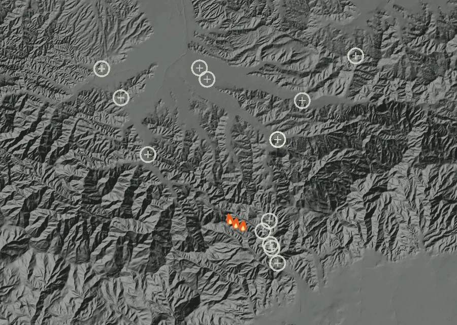 Map for Wed 7 Oct: flames mark every place that gave off heat that day.