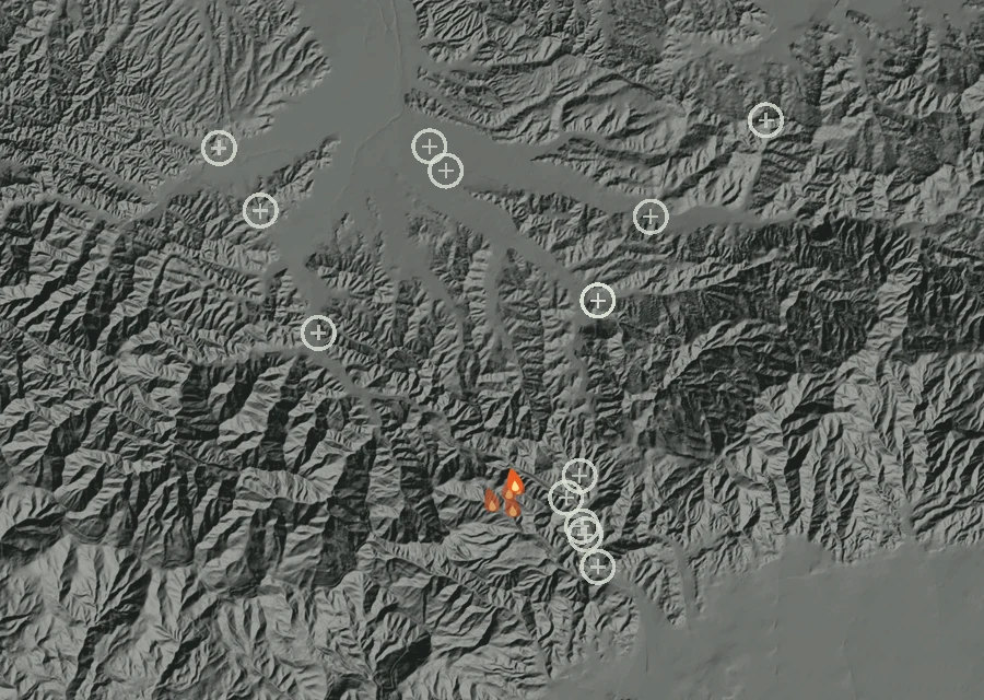 Map for Fri 9 Oct: flames mark every place that gave off heat that day.