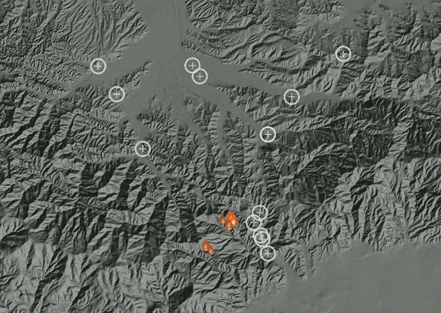 Map for Wed 14 Oct: flames mark every place that gave off heat that day.