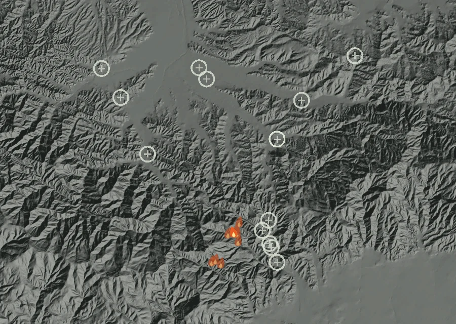 Map for Thu 15 Oct: flames mark every place that gave off heat that day.