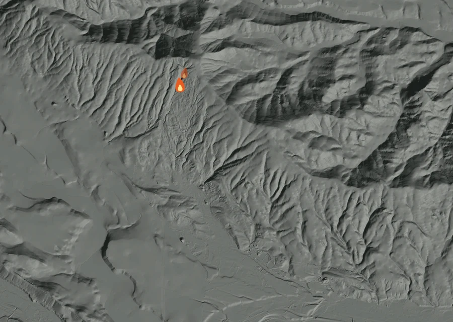 Animated map of the Alliance Road Fire across the whole record, with a time bar along the bottom showing energy released and the local date.