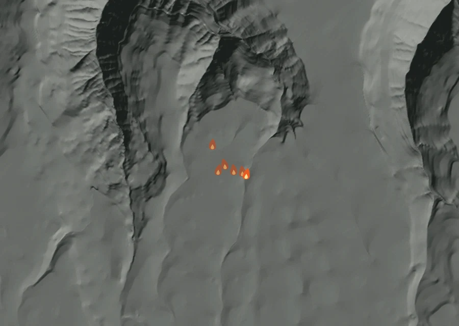 Animated map of the Apple Fire across the whole record, with a time bar along the bottom showing energy released and the local date.