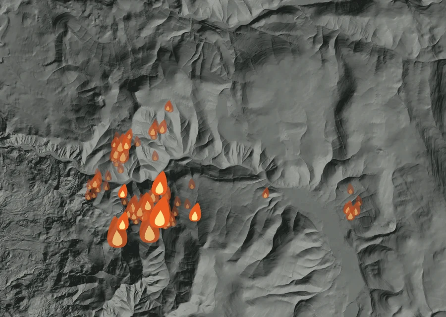 Map for Sat 22 Aug: flames mark every place that gave off heat that day.