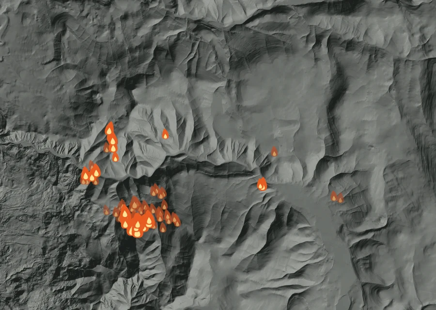 Map for Sun 23 Aug: flames mark every place that gave off heat that day.