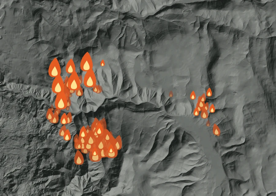 Map for Mon 24 Aug: flames mark every place that gave off heat that day.