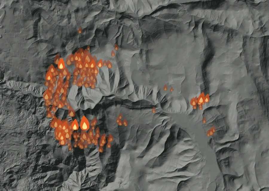 Map for Tue 25 Aug: flames mark every place that gave off heat that day.