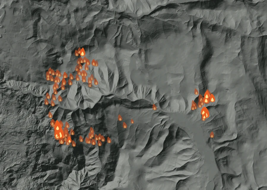 Map for Wed 26 Aug: flames mark every place that gave off heat that day.