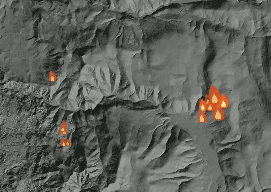 Map for Thu 27 Aug: flames mark every place that gave off heat that day.