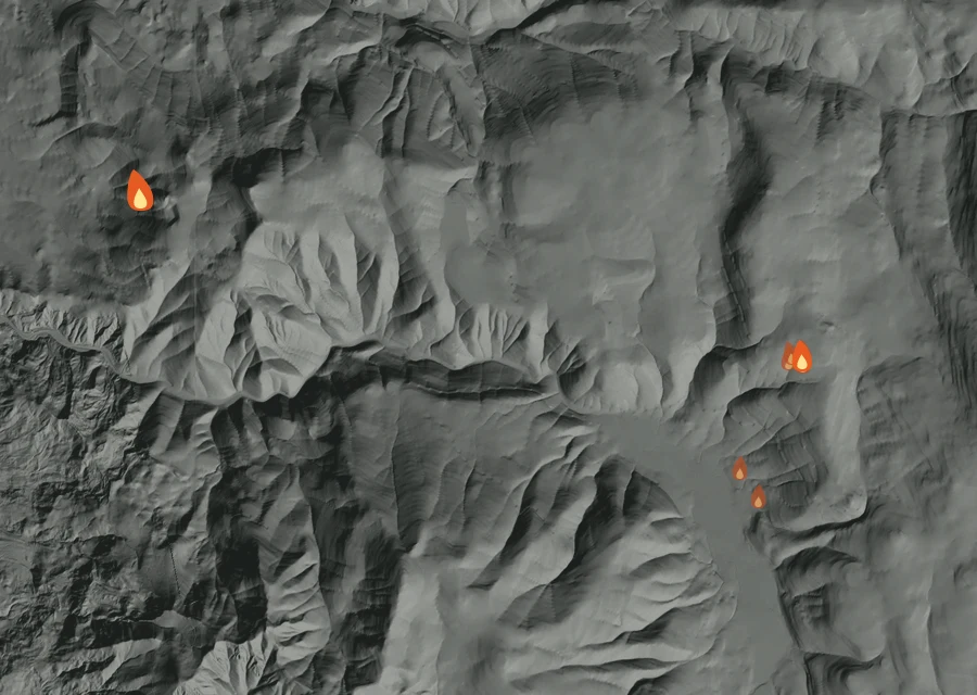 Map for Sun 30 Aug: flames mark every place that gave off heat that day.