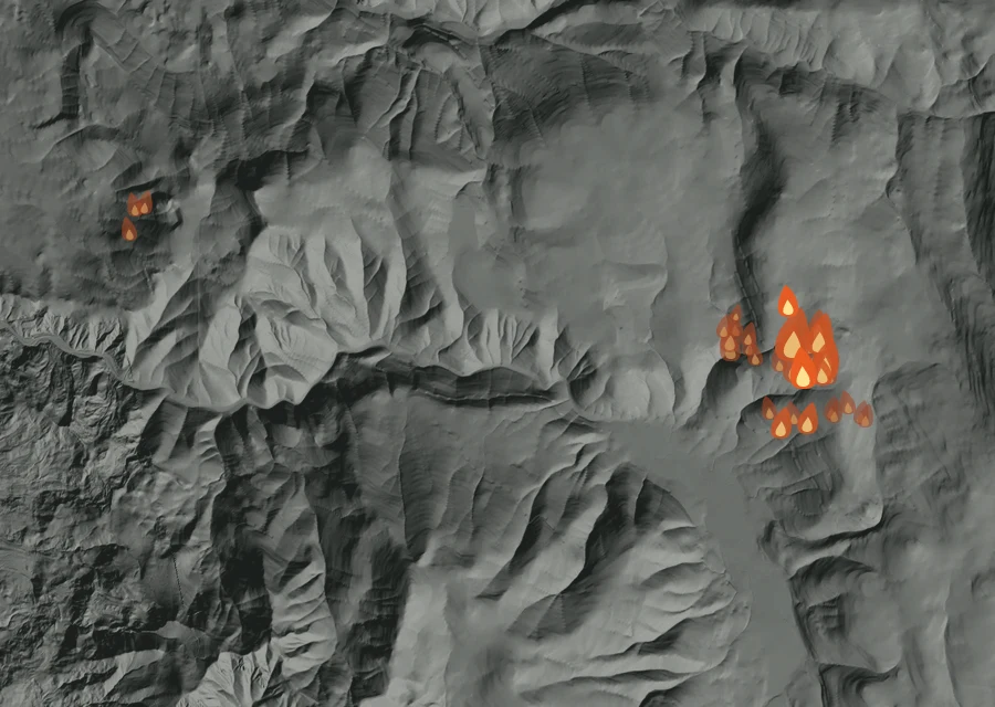 Map for Mon 31 Aug: flames mark every place that gave off heat that day.