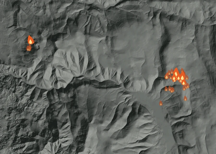 Map for Tue 1 Sep: flames mark every place that gave off heat that day.
