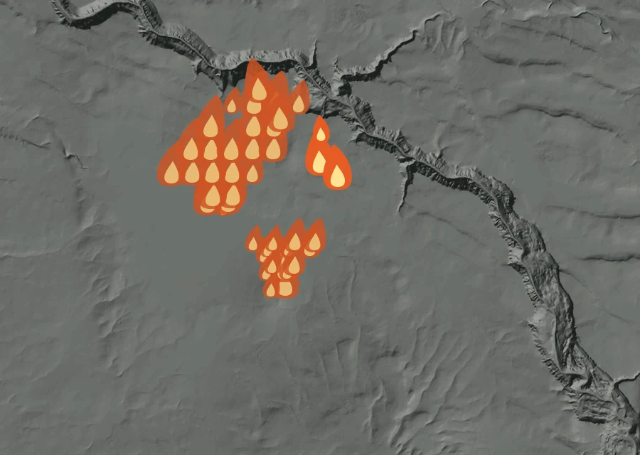 Animated map of the Big Grass Fire across the whole record, with a time bar along the bottom showing energy released and the local date.