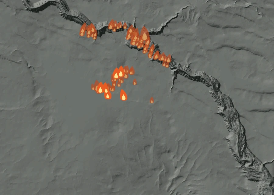 Map for Wed 26 Aug: flames mark every place that gave off heat that day.