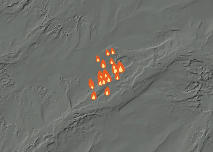 Shaded relief map of the Black Rock 2 Fire. Amber flames mark every place that gave off heat in the last day; the shading is the shape of the ground.
