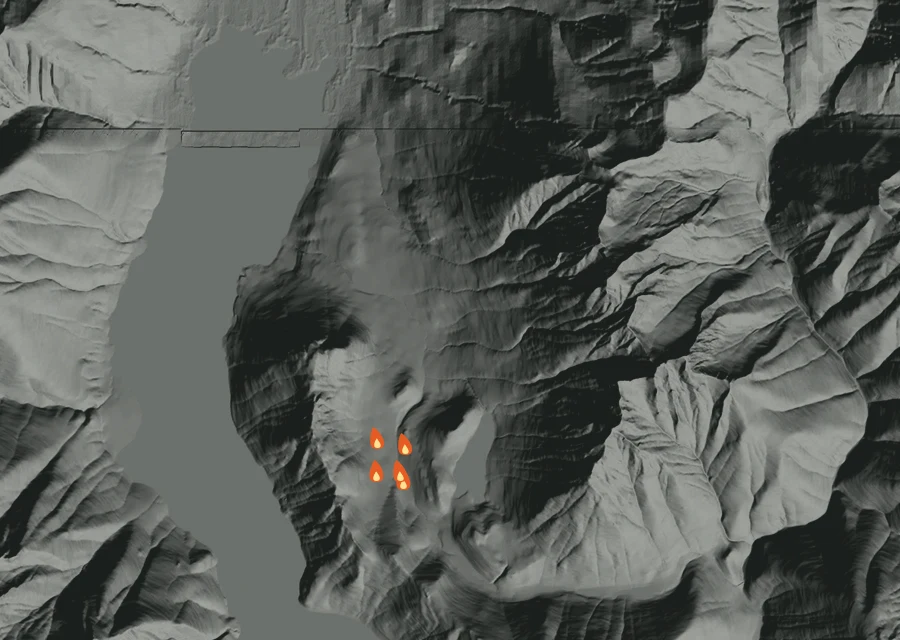 Map for Wed 26 Aug: flames mark every place that gave off heat that day.