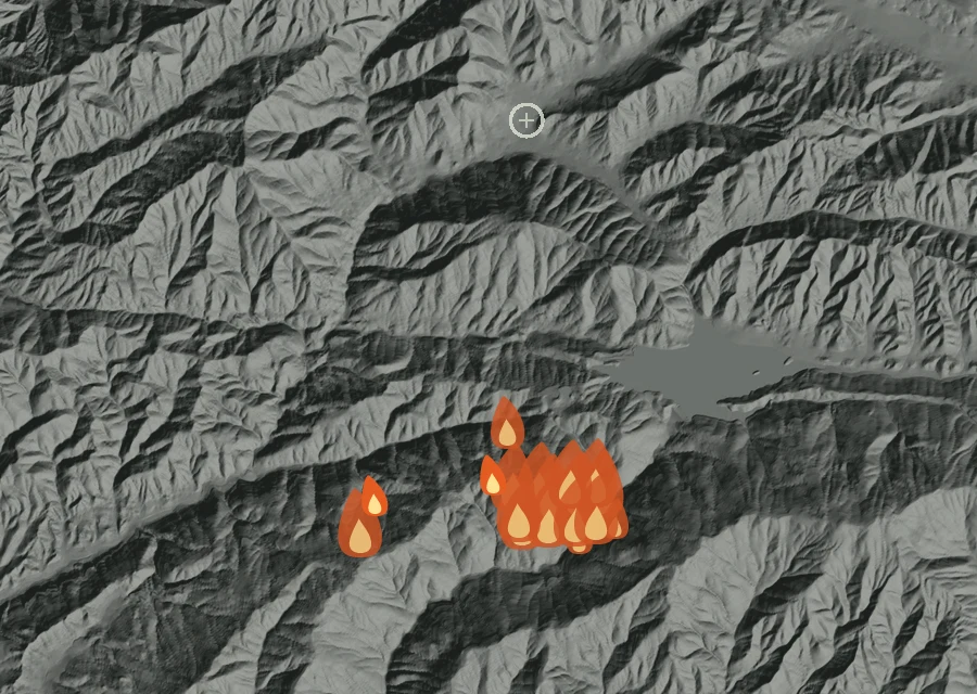 Animated map of the Bouquet Fire across the whole record, with a time bar along the bottom showing energy released and the local date.