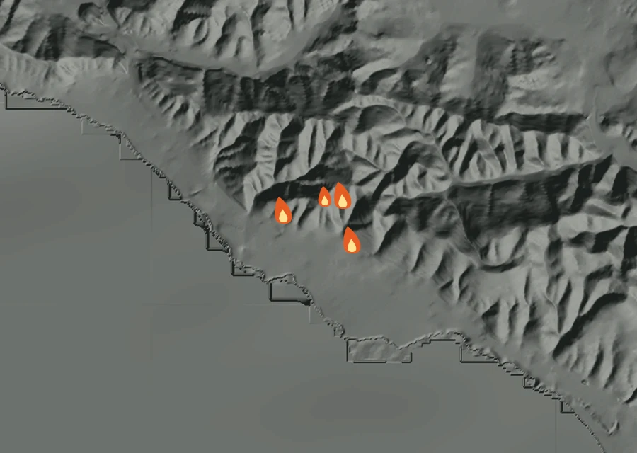 Animated map of the Brava Fire across the whole record, with a time bar along the bottom showing energy released and the local date.