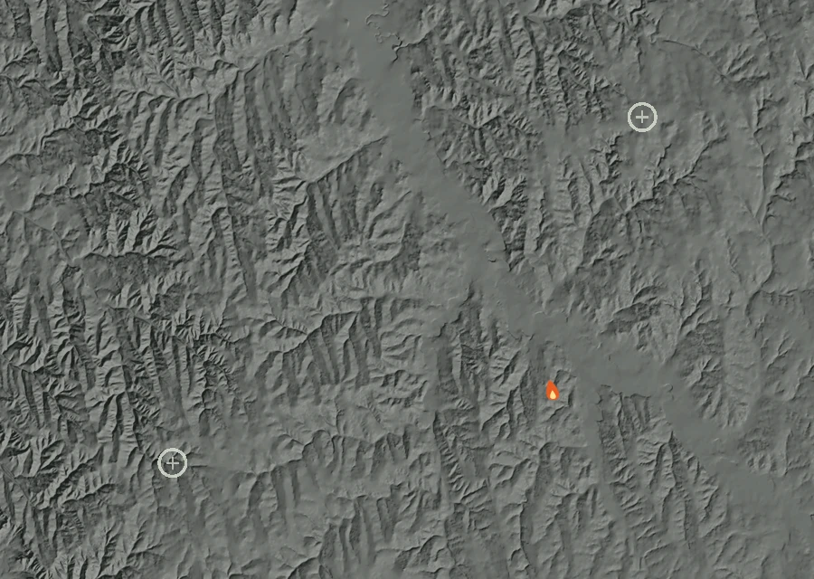 Shaded relief map of the Brooks Fire. Amber flames mark every place that gave off heat in the last day; the shading is the shape of the ground.