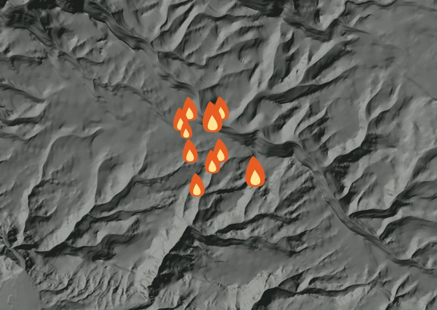 Animated map of the Cabin Springs Fire across the whole record, with a time bar along the bottom showing energy released and the local date.