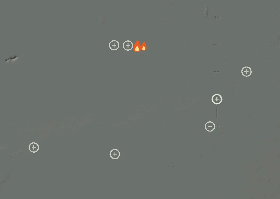 Shaded relief map of the Calvin Fire. Amber flames mark every place that gave off heat in the last day; the shading is the shape of the ground.