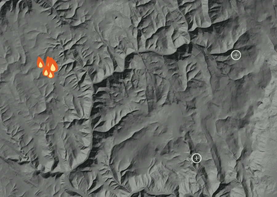 Animated map of the Camp 1 Fire across the whole record, with a time bar along the bottom showing energy released and the local date.