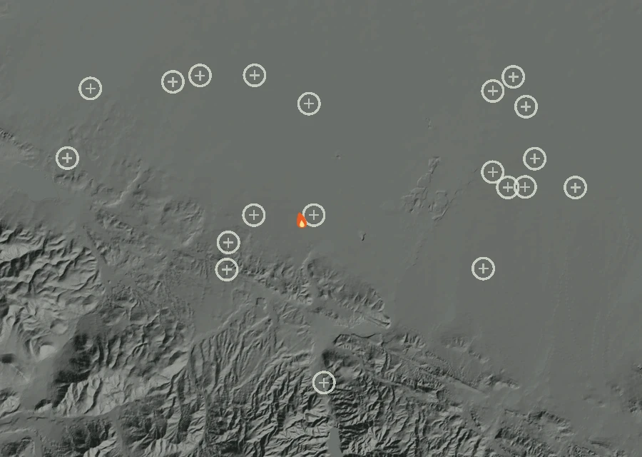 Shaded relief map of the Colin Fire. Amber flames mark every place that gave off heat in the last day; the shading is the shape of the ground.
