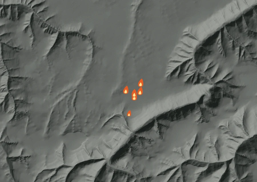 Animated map of the Columbia Center Mutual Aid Fire across the whole record, with a time bar along the bottom showing energy released and the local date.