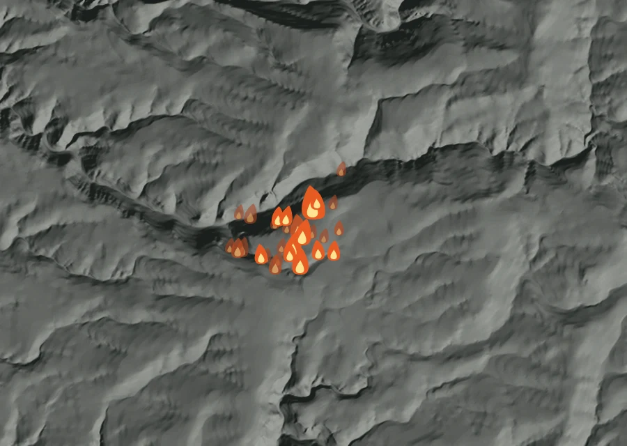 Animated map of the Cow Camp Fire across the whole record, with a time bar along the bottom showing energy released and the local date.