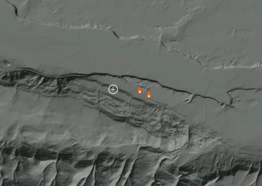 Animated map of the Crab Fire across the whole record, with a time bar along the bottom showing energy released and the local date.