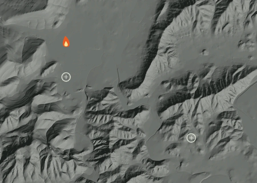 Shaded relief map of the Dairy Loop Rd Fire. Amber flames mark every place that gave off heat in the last day; the shading is the shape of the ground.