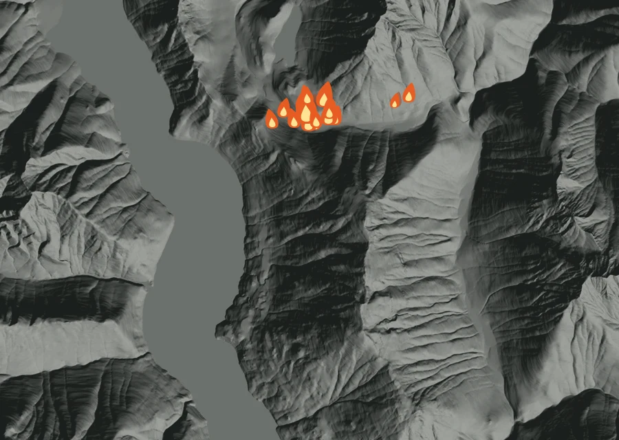 Map for Tue 25 Aug: flames mark every place that gave off heat that day.