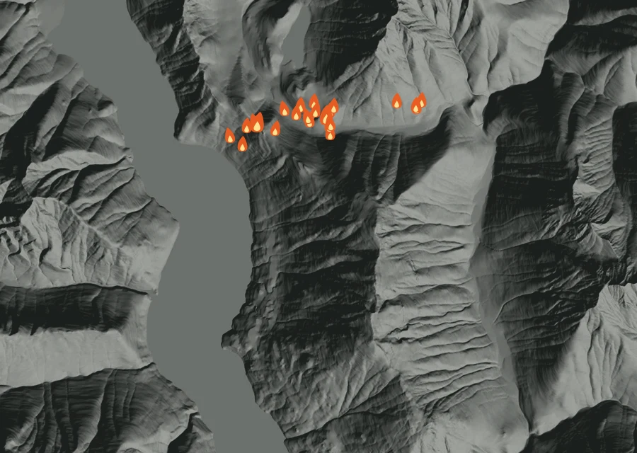 Map for Wed 26 Aug: flames mark every place that gave off heat that day.