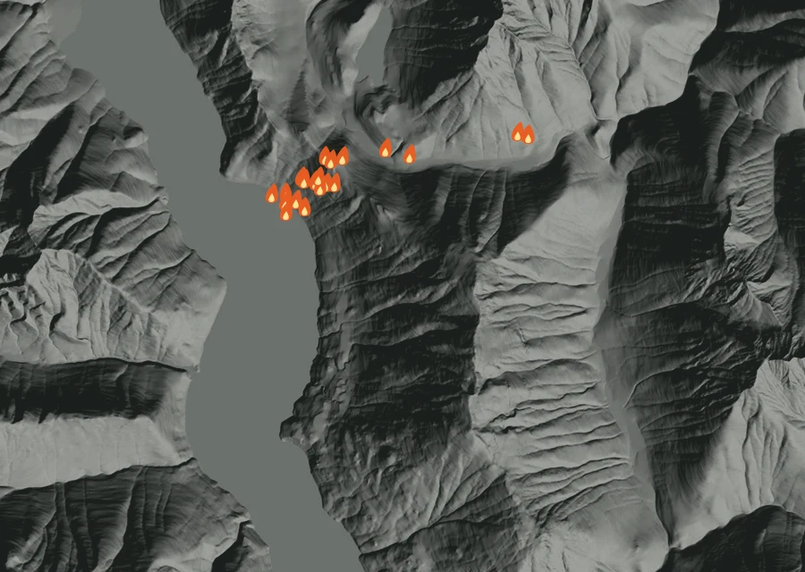 Map for Thu 27 Aug: flames mark every place that gave off heat that day.
