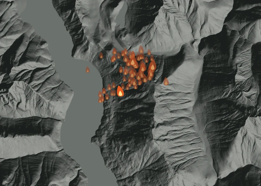 Map for Mon 21 Sep: flames mark every place that gave off heat that day.