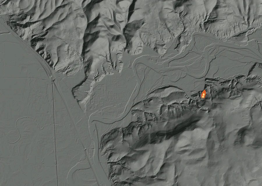Animated map of the Dike Fire across the whole record, with a time bar along the bottom showing energy released and the local date.