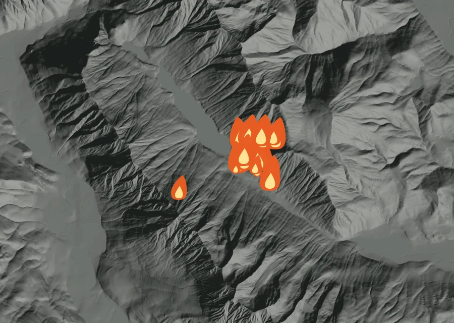 Animated map of the Dirtyface Fire across the whole record, with a time bar along the bottom showing energy released and the local date.