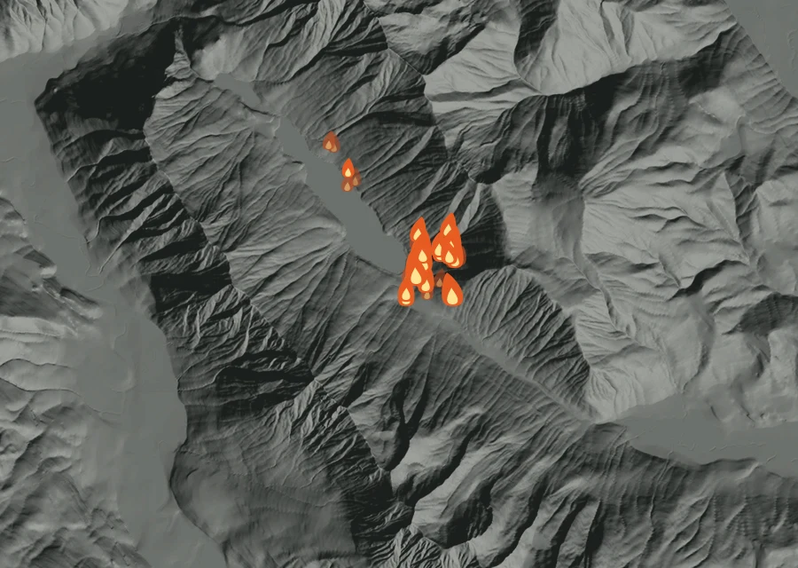 Map for Mon 31 Aug: flames mark every place that gave off heat that day.