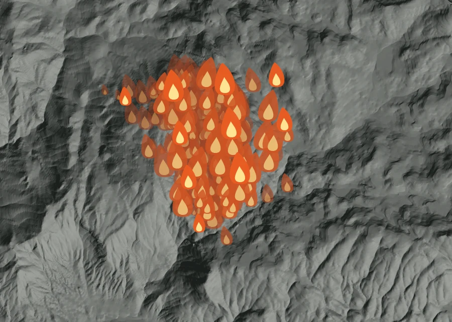 Map for Wed 16 Sep: flames mark every place that gave off heat that day.