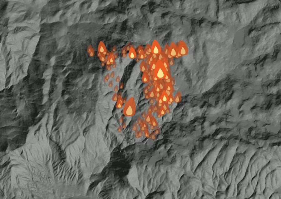 Map for Fri 18 Sep: flames mark every place that gave off heat that day.