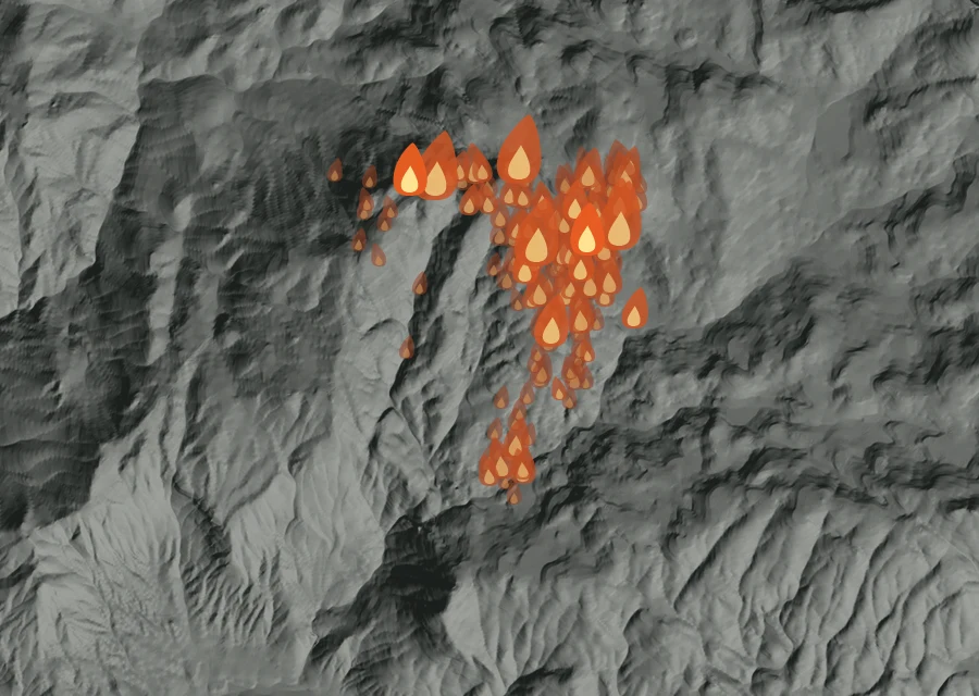 Map for Sat 19 Sep: flames mark every place that gave off heat that day.