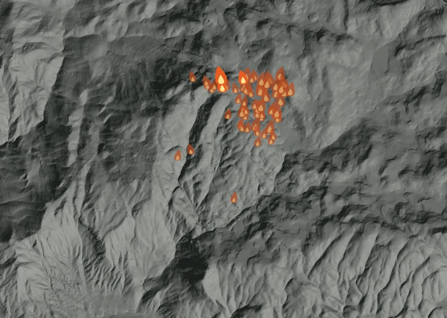 Map for Sun 20 Sep: flames mark every place that gave off heat that day.