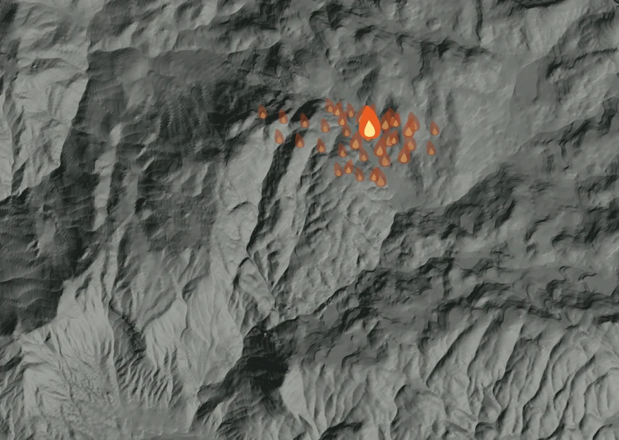 Map for Mon 21 Sep: flames mark every place that gave off heat that day.