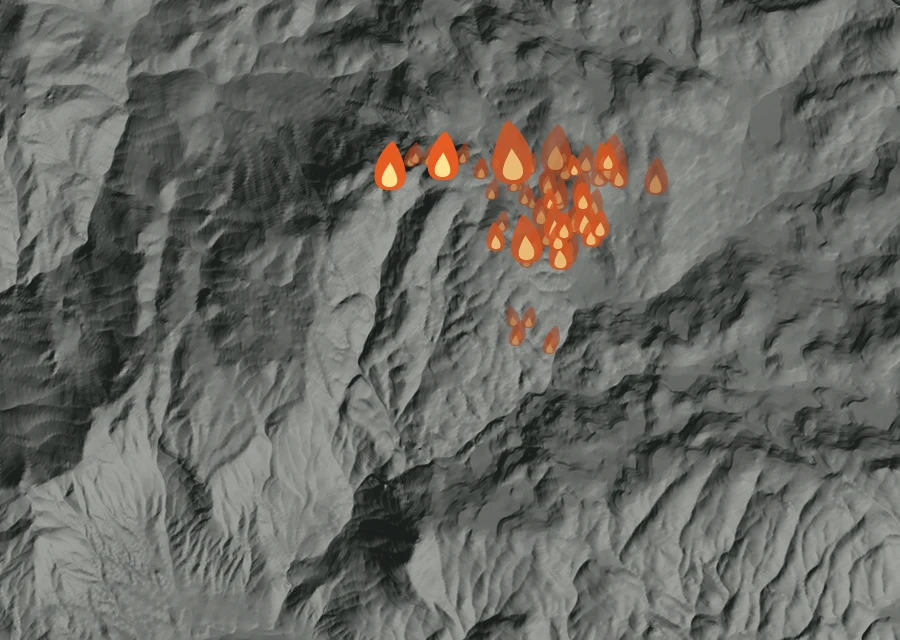 Map for Tue 22 Sep: flames mark every place that gave off heat that day.