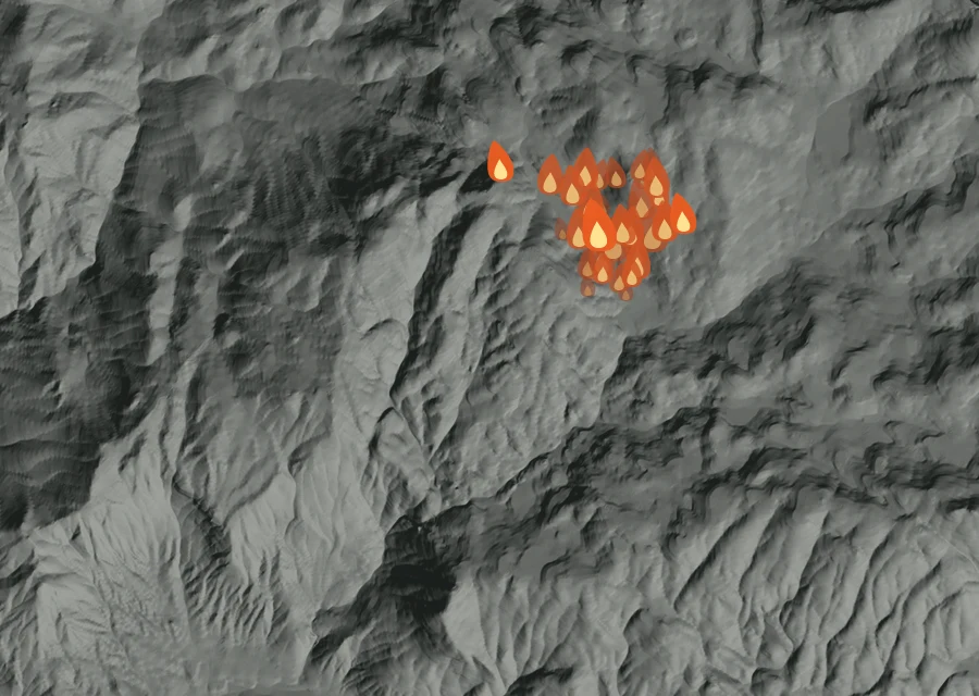 Map for Wed 23 Sep: flames mark every place that gave off heat that day.