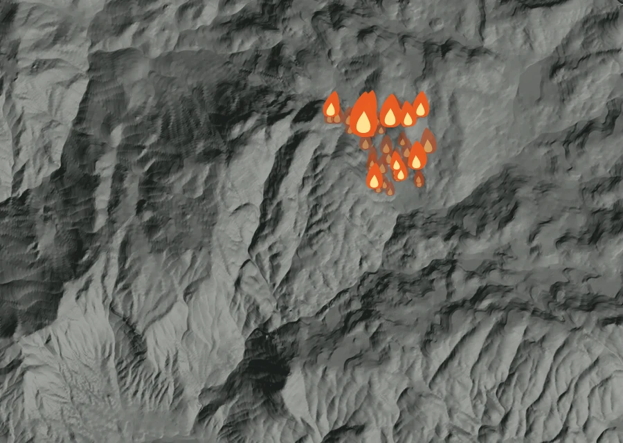 Map for Thu 24 Sep: flames mark every place that gave off heat that day.